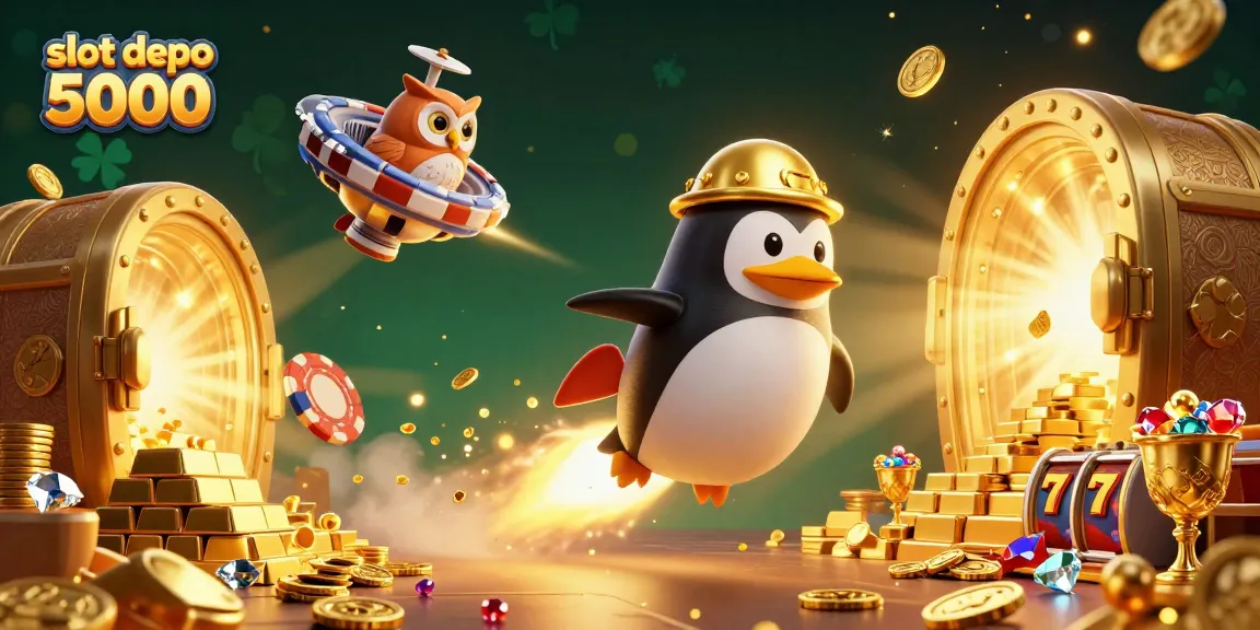 Experience exciting wins at slot depo 5000, featuring a dynamic casino illustration showcasing vibrant jackpots.