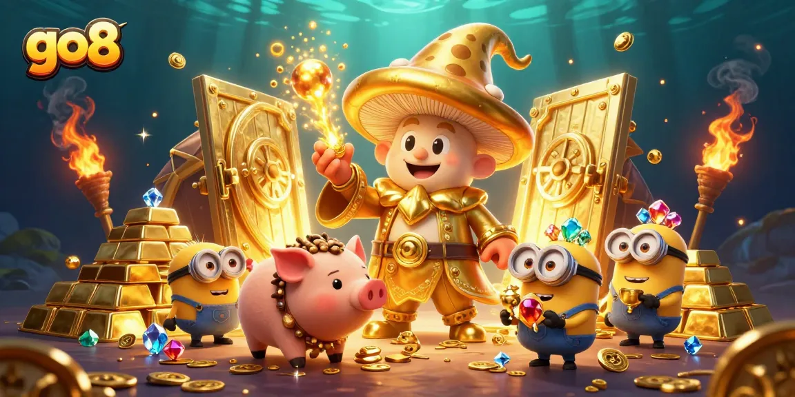 go8 players explore treasure in a vibrant 3D casino scene filled with golden elements and magical characters
