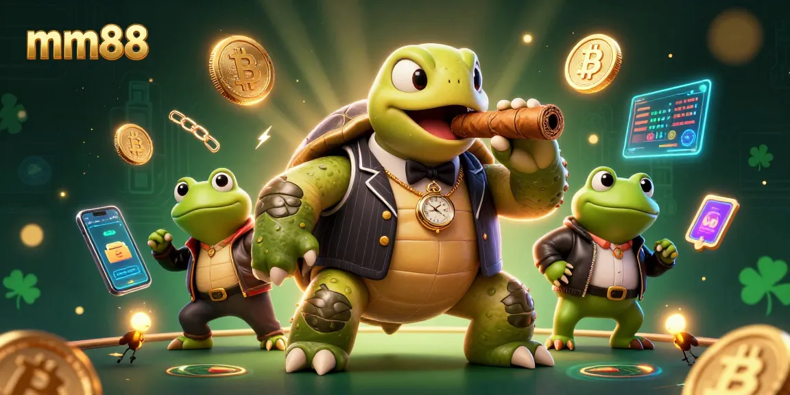 Engage with mm88's thrilling features featuring a cartoon snapping turtle mobster and casino-themed graphics.