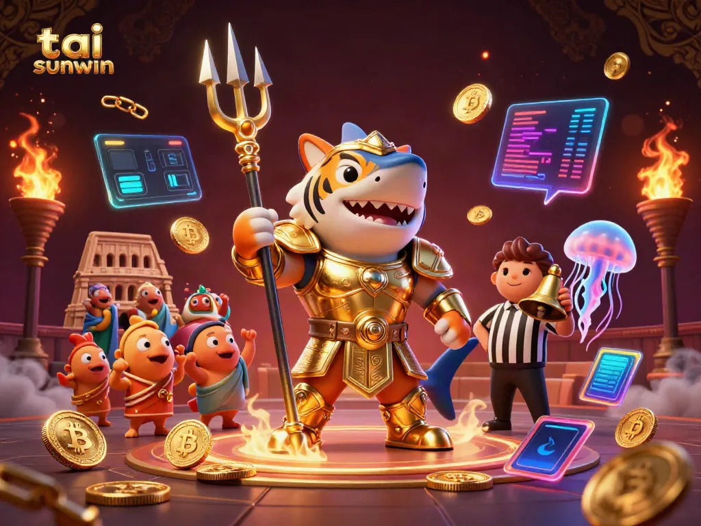 Experience the exhilarating game at tai sunwin with a tiger shark in gladiator armor in a dynamic underwater scene.