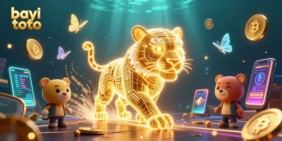 Bayi toto offers thrilling casino adventures with a neon tiger and crypto dynamics in a vibrant digital landscape.
