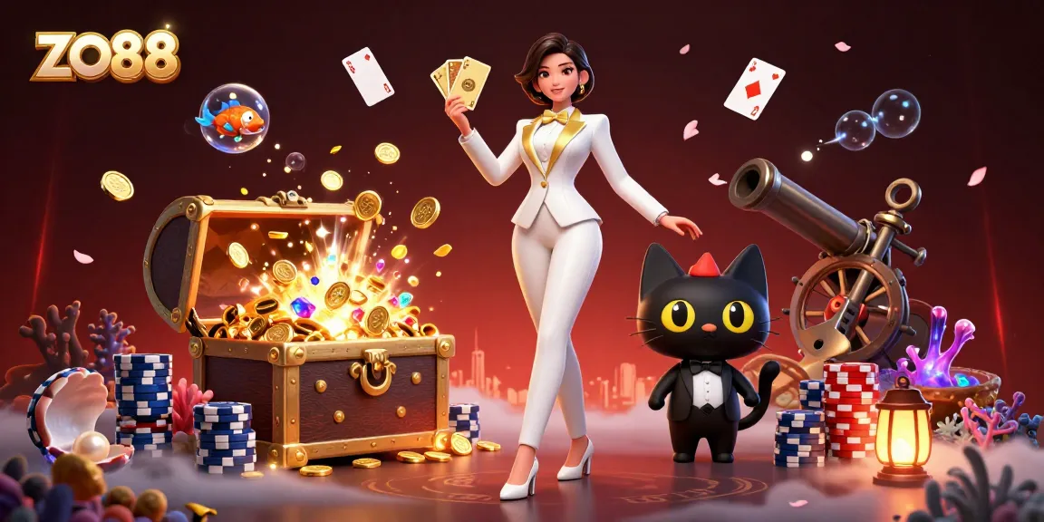 Experience thrilling gameplay with ZO88 as a glamorous dealer shuffles cards amid underwater treasures.