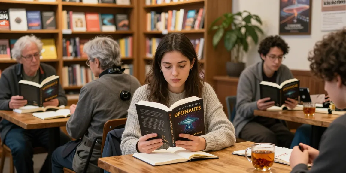 Readers engaging with T Allen Greenfield's book UFOnauts at a cozy bookstore, inspired by https://tallengreenfield.com.