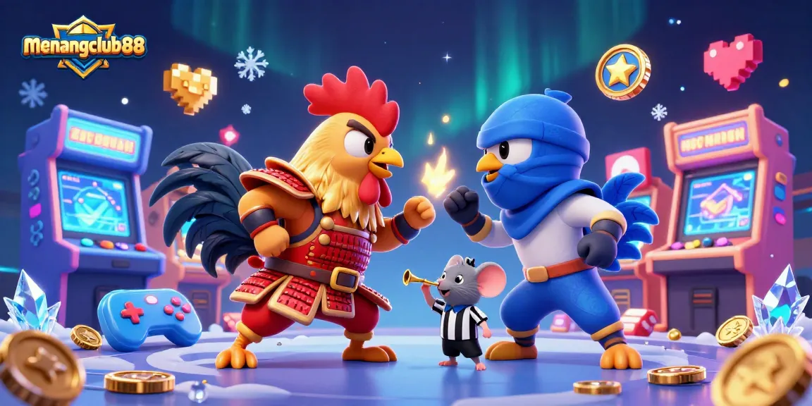 Engage with exciting adventures at menangclub88 as cartoon roosters battle in a vibrant casino scene.