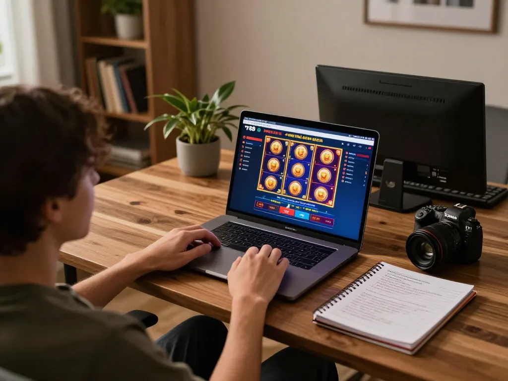 Engaging with tr88 online casino on a laptop, warm home setup with strategy notes.