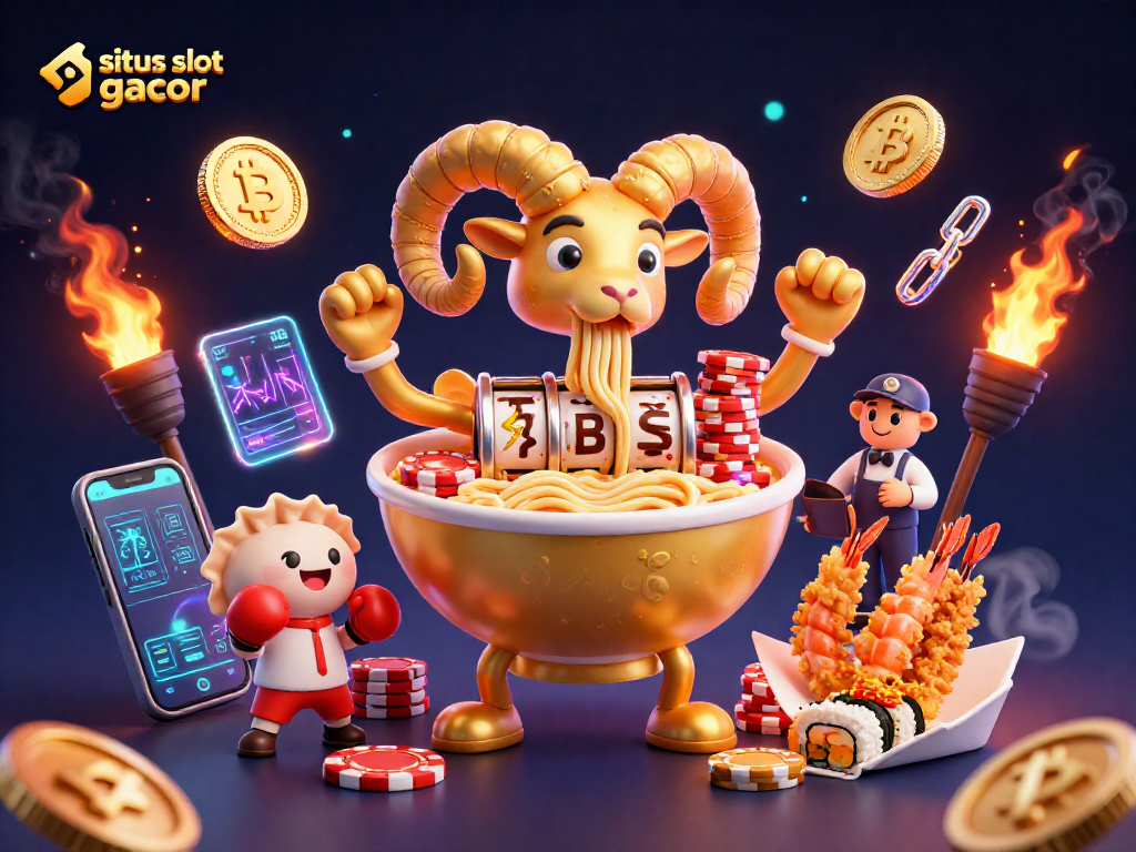 Engage with situs slot gacor featuring animated noodles, slot reels, and crypto coins creating a vibrant casino atmosphere.