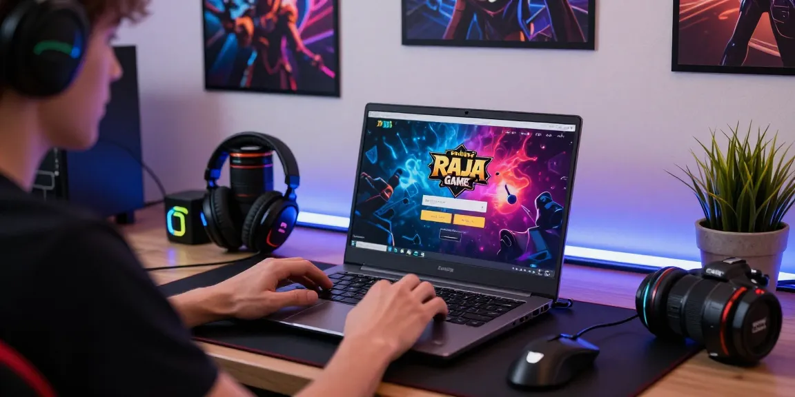Raja Game login displayed on laptop in a vibrant gaming setup.