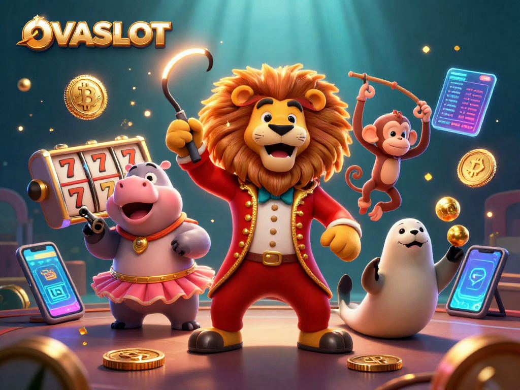 Engage in winning strategies with OVASLOT, featuring vibrant 3D characters playing online slots in an interactive environment.