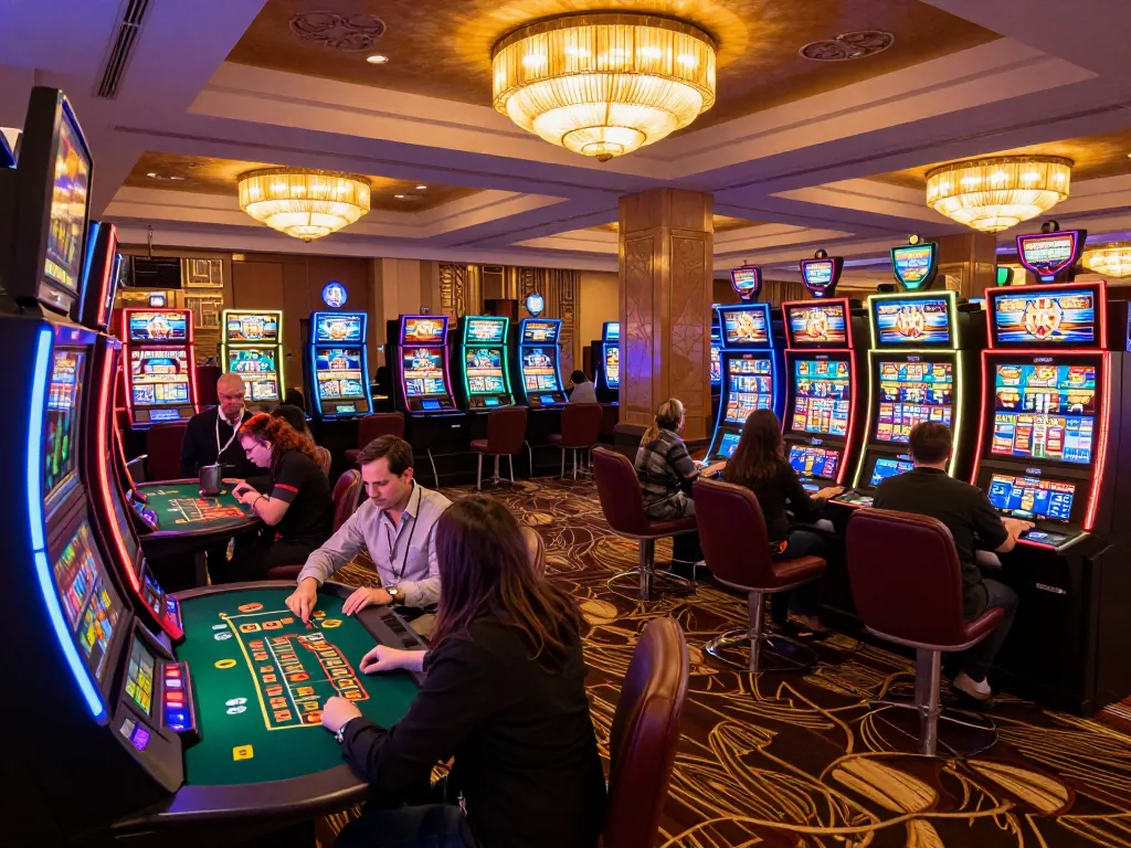 Players engaging at VT88 casino equipped with vibrant slot machines and professional dealers in a luxurious environment.