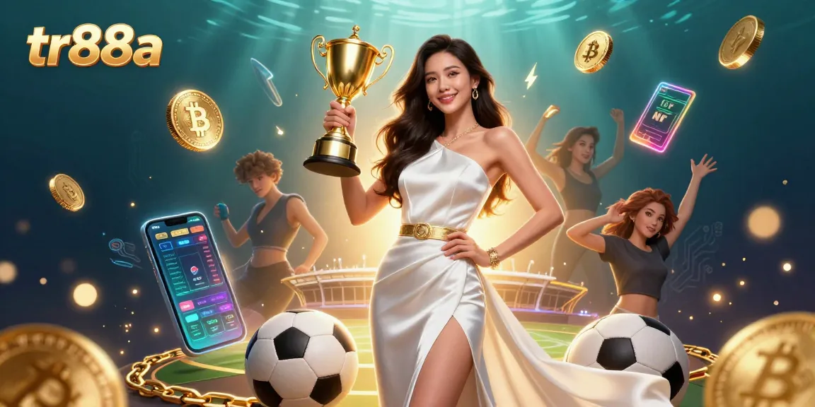 Win big with TR88A's captivating 3D casino scene featuring vibrant sports betting elements and glamorous trophies.