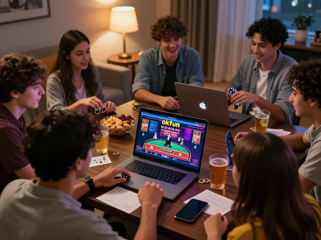 Friends enjoying an online gaming session on okfun, showcasing a lively and engaging casino atmosphere at home.