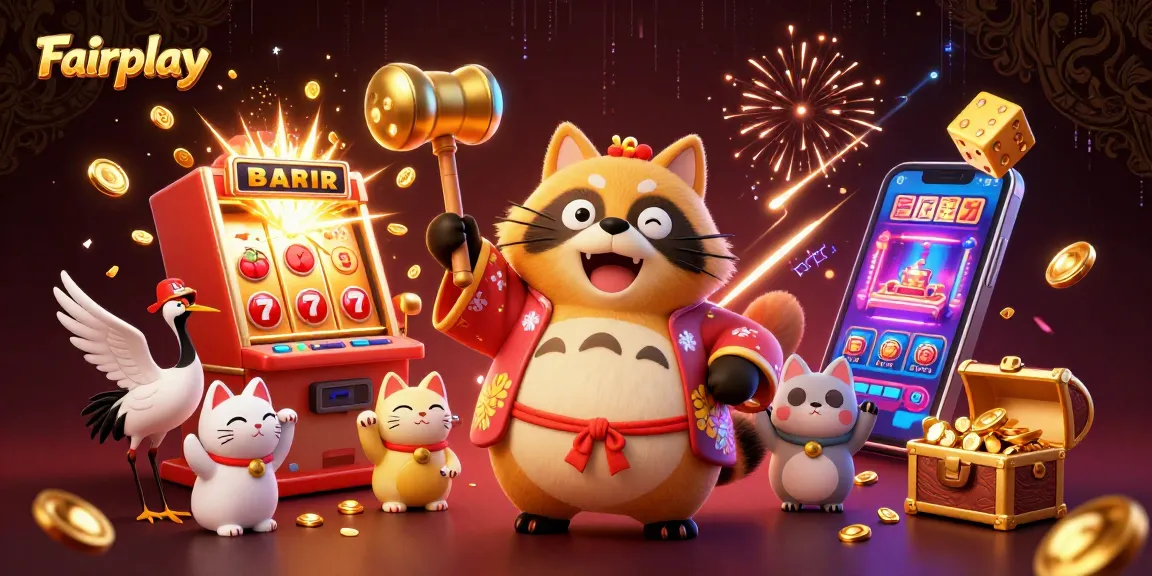 Experience the excitement of Fairplay's vibrant casino scene with a cheerful tanuki and friends.