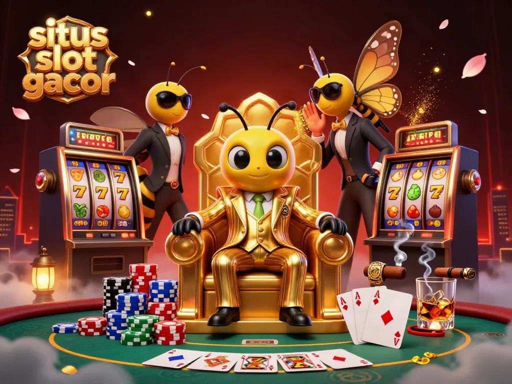 Engage in situs slot gacor action with vibrant slot machines and a buzzing mob boss scene.