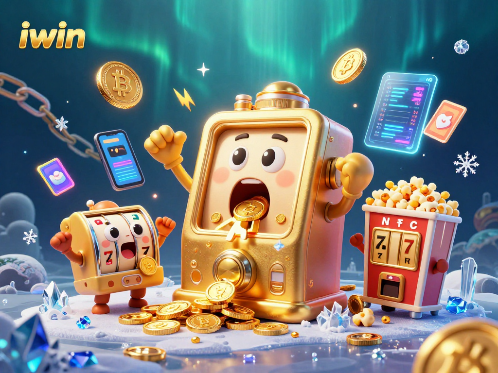 iwin slot machine celebrates jackpot victory with golden coins and crypto elements