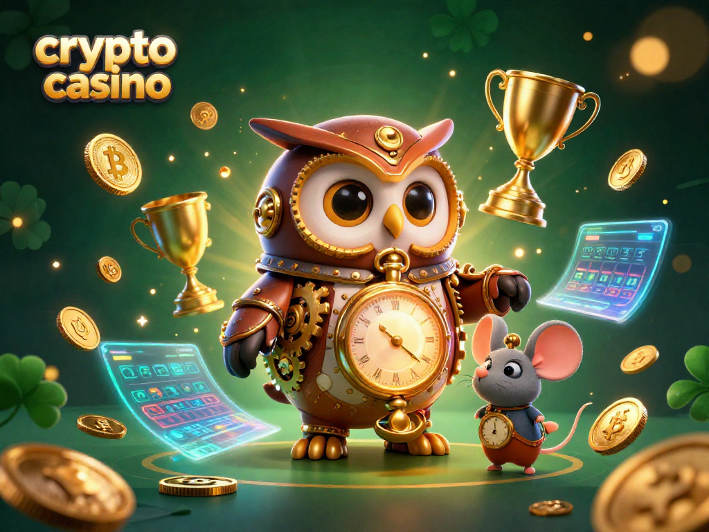Engage in a vibrant crypto casino adventure with a steampunk owl and a clockwork mouse in dynamic action!