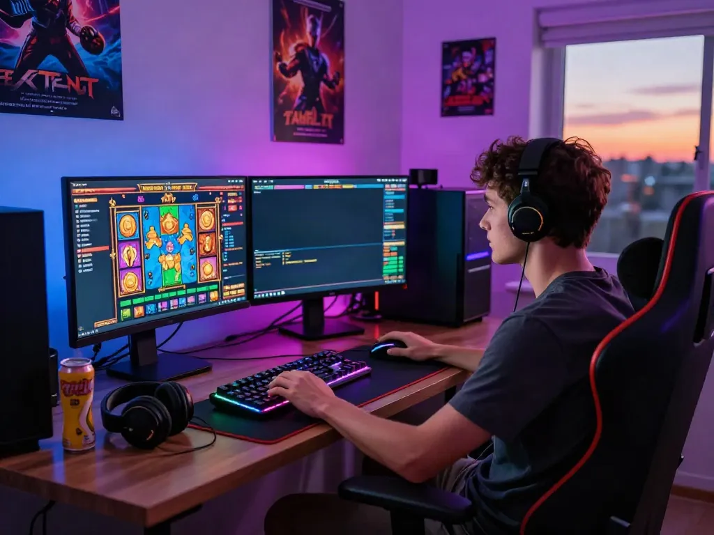Gamer engaged with akunjp slot game interface in a vibrant home office setup.
