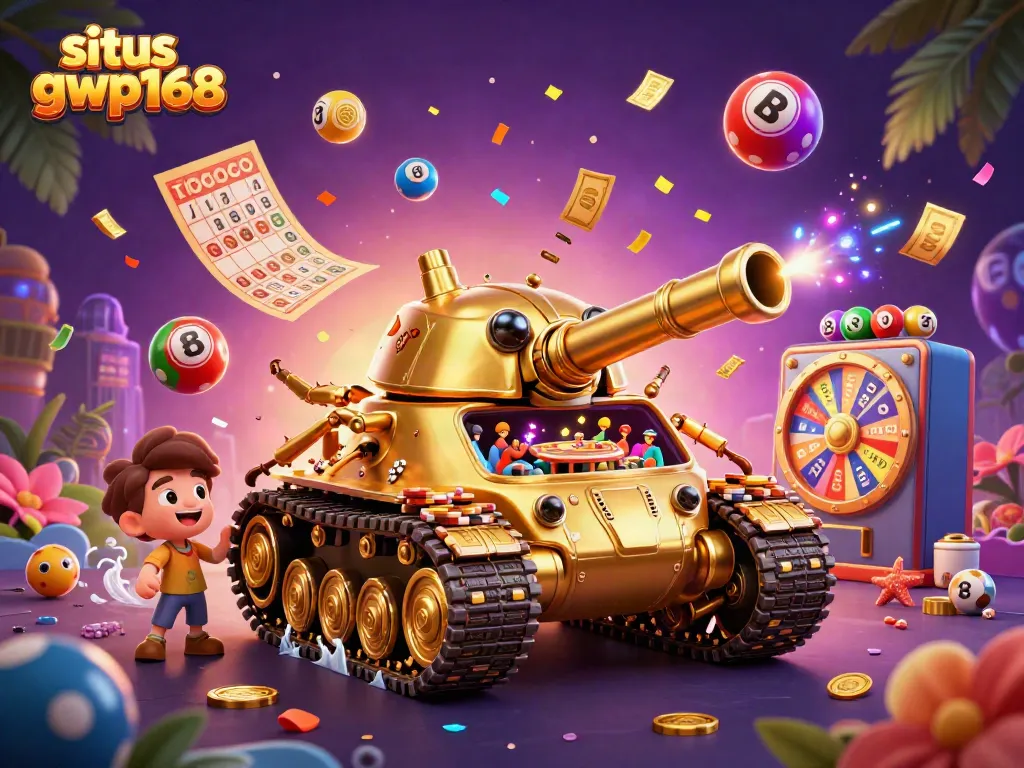 Permainan mesin slot interaktif di situs gwp168 menampilkan tank kejuaraan emas dan elemen kasino menarik lainnya.
