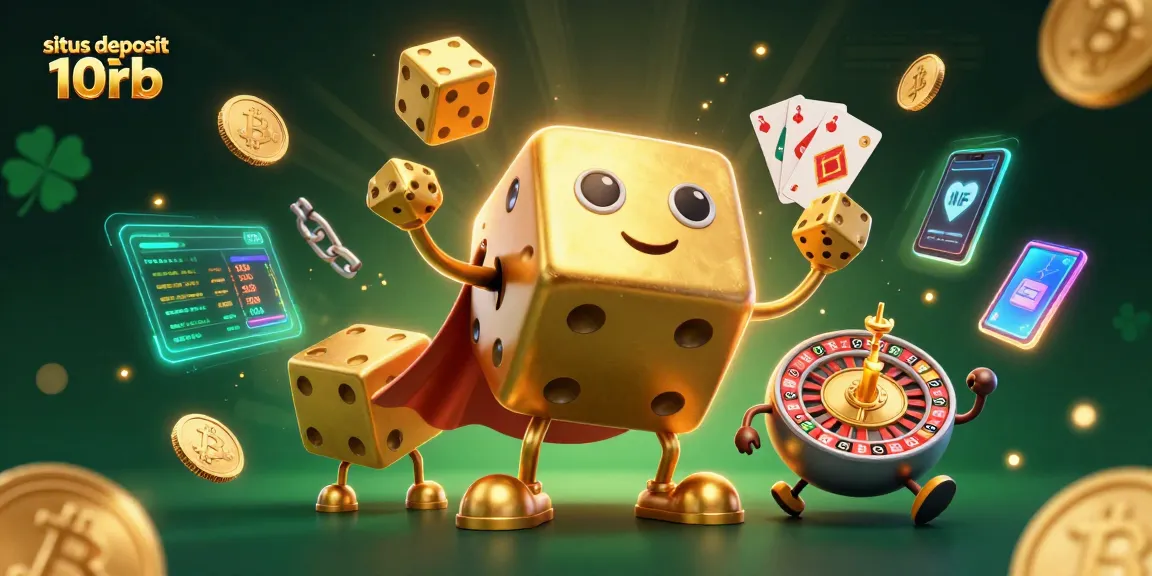 Engage with situs deposit 10rb through vibrant casino-themed 3D illustrations of golden dice, coins, and digital assets.