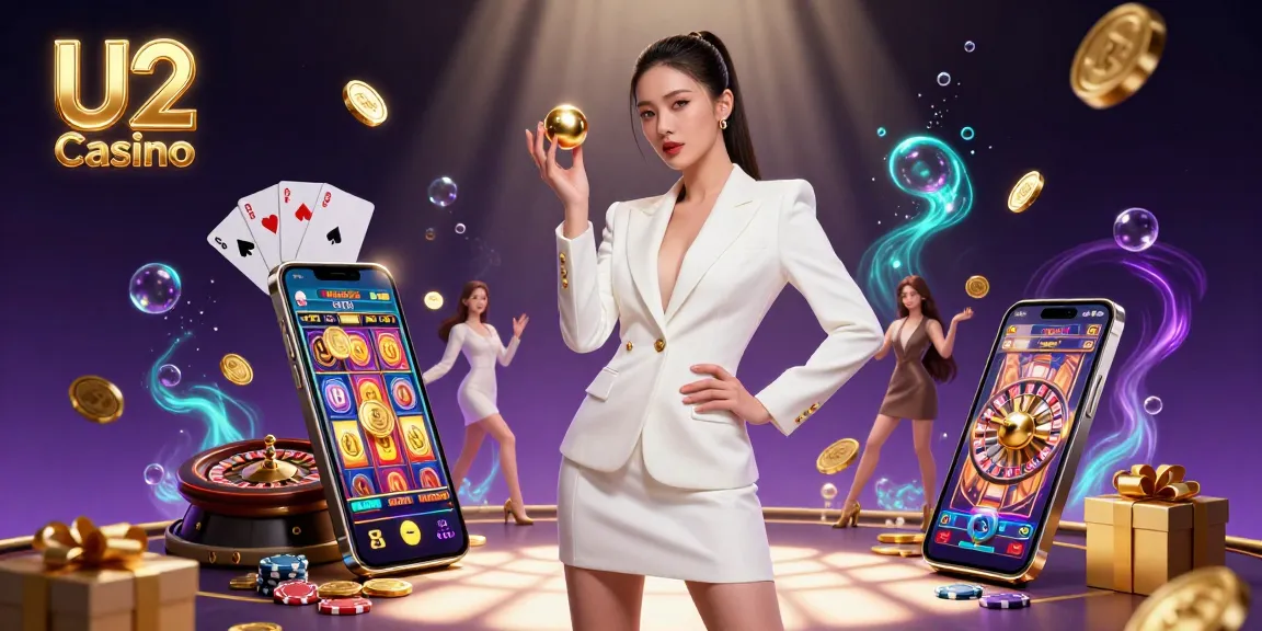 Engaging illustration of a confident woman promoting U2 Casino with gaming elements and a luxurious ambiance.
