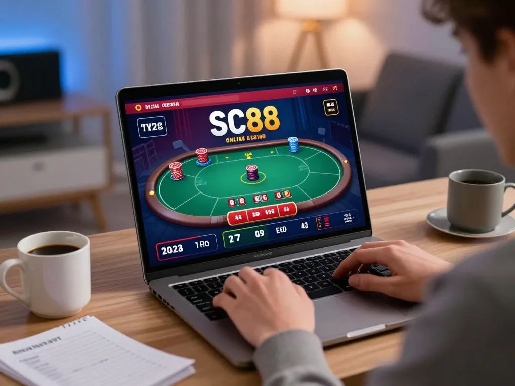 Engage with SC88 for online poker gameplay in a cozy home office setting.