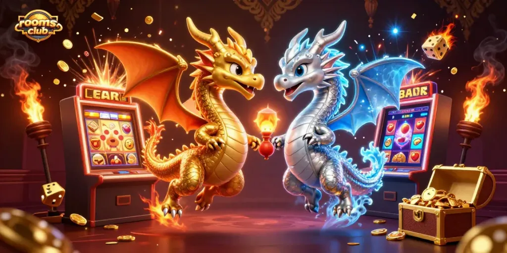 Rasakan sensasi permainan dengan rooms-club melalui ilustrasi 3D luar biasa dari naga dan mesin slot.