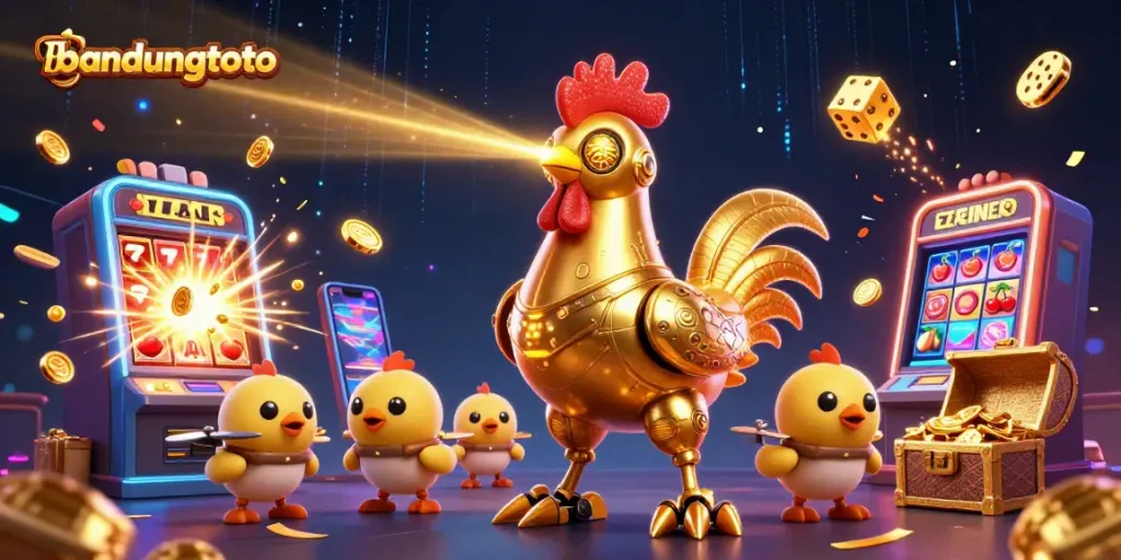 Engage with BANDUNGTOTO's vibrant casino atmosphere featuring 3D golden rooster characters and slot game elements.