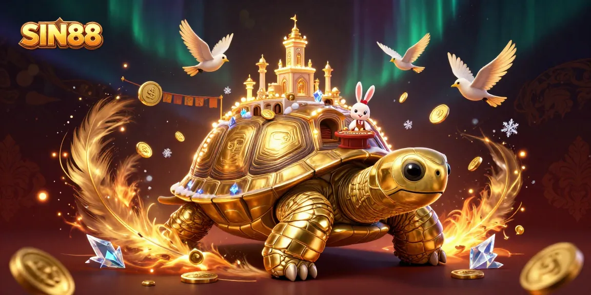SIN88 casino illustration with a golden tortoise, rabbit dealer at the card table, and flying coins.