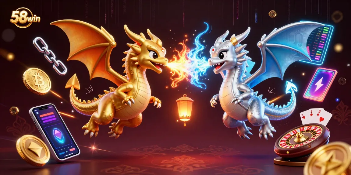 Experience thrilling gameplay at 58win with a vibrant 3D casino illustration featuring dragons and crypto elements.