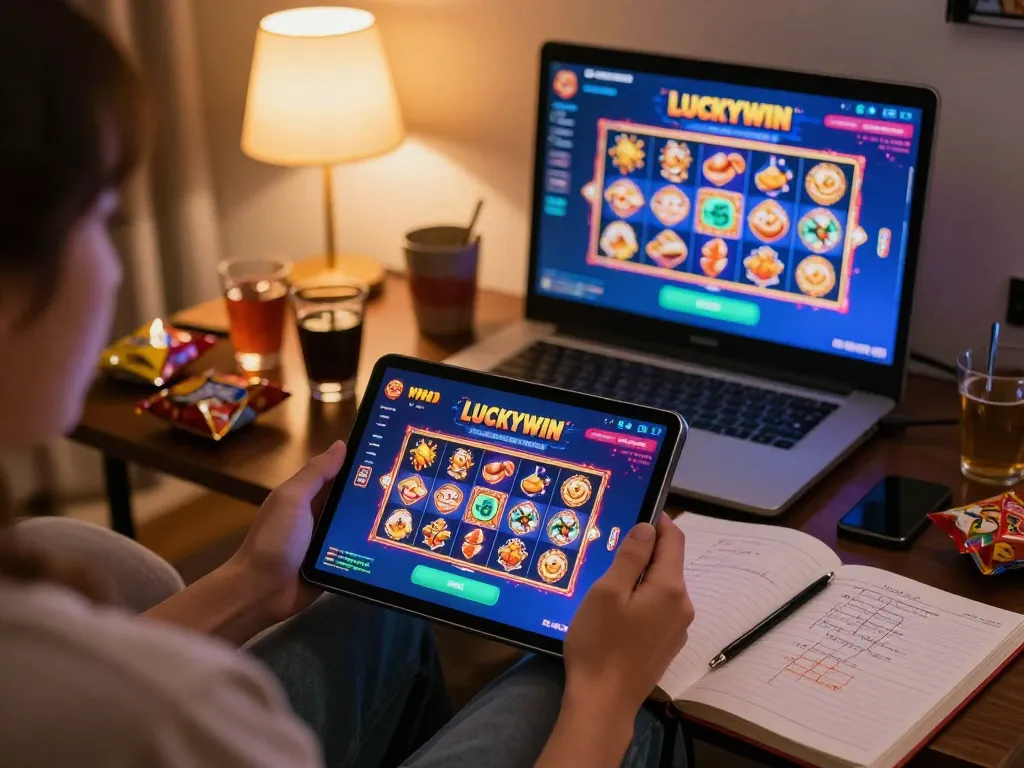 LUCKYWIN user enjoying a vibrant online gaming session with snacks, showcasing casino interface on tablet