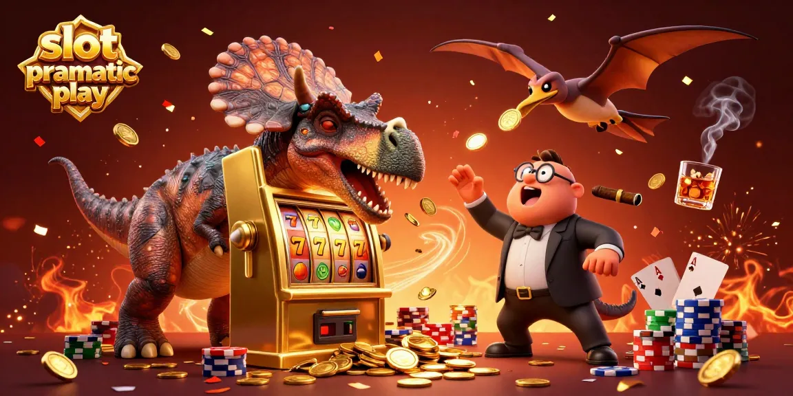 Experience slot pragmatic play excitement as a cartoon dinosaur wins big at a colorful casino!