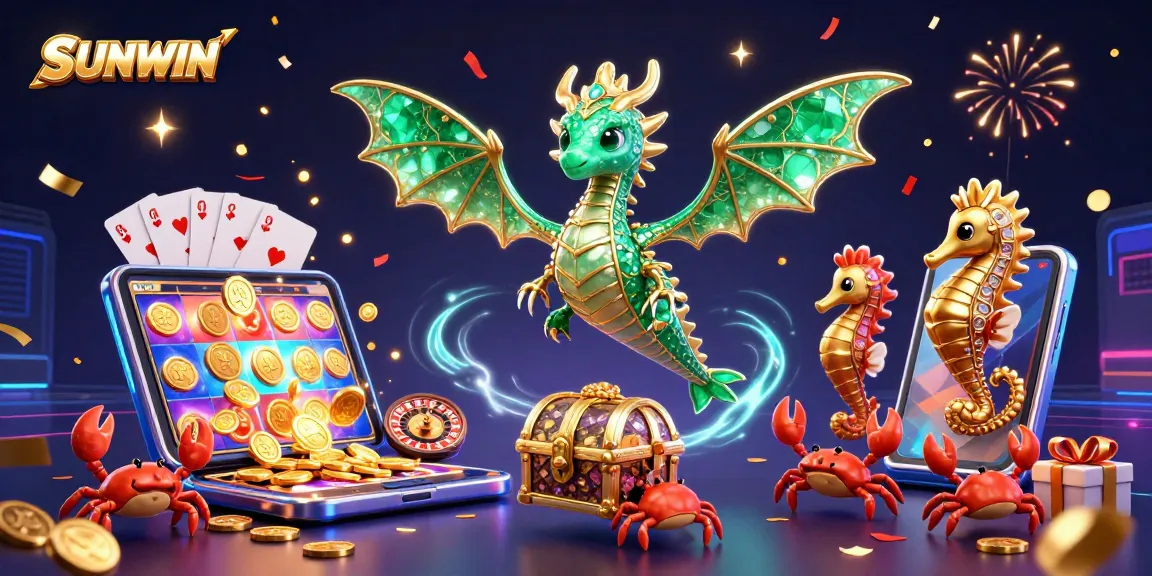 SUNWIN interactive casino excitement with enchanting sea dragon, vibrant slot game, and festive decorations.