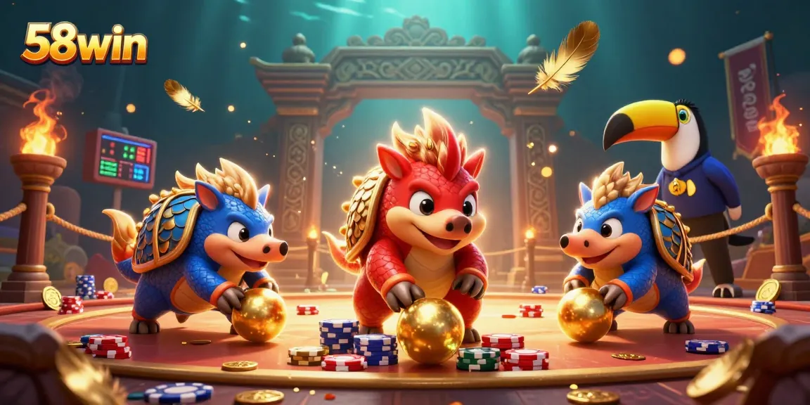 Engaging scene of rival pangolins in battle at 58win casino, surrounded by poker chips and gold coins.