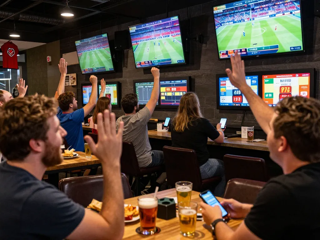 Sin88 patrons cheering during live sports betting, smartphones showing betting apps