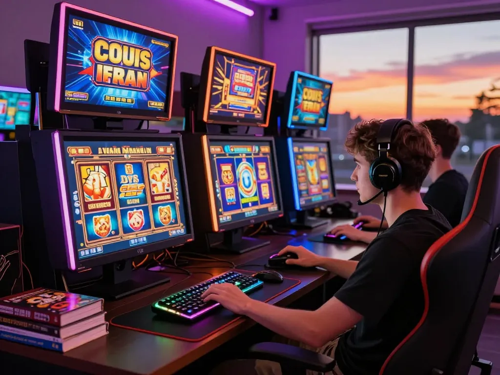 Scene permainan yang imersif menampilkan seorang pemain yang menikmati situs slot gacor dengan grafik mesin slot yang berwarna-warni.