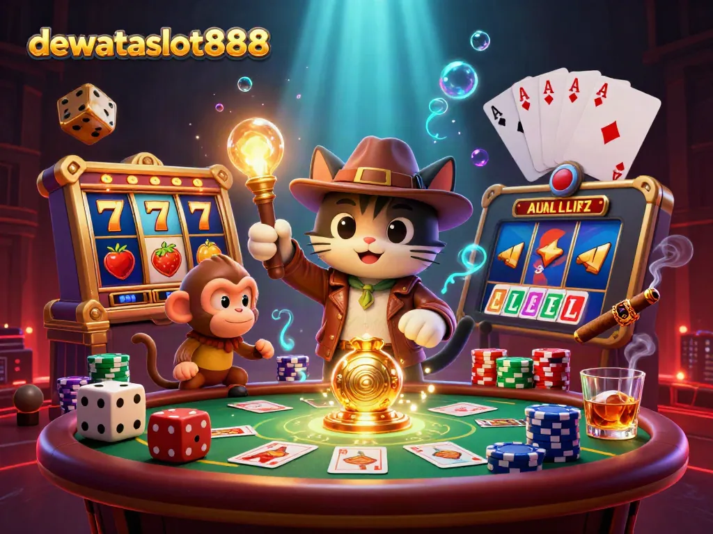 dewataslot888 temukan artefak kasino langka dalam ilustrasi kucing penjelajah di kuil slot.