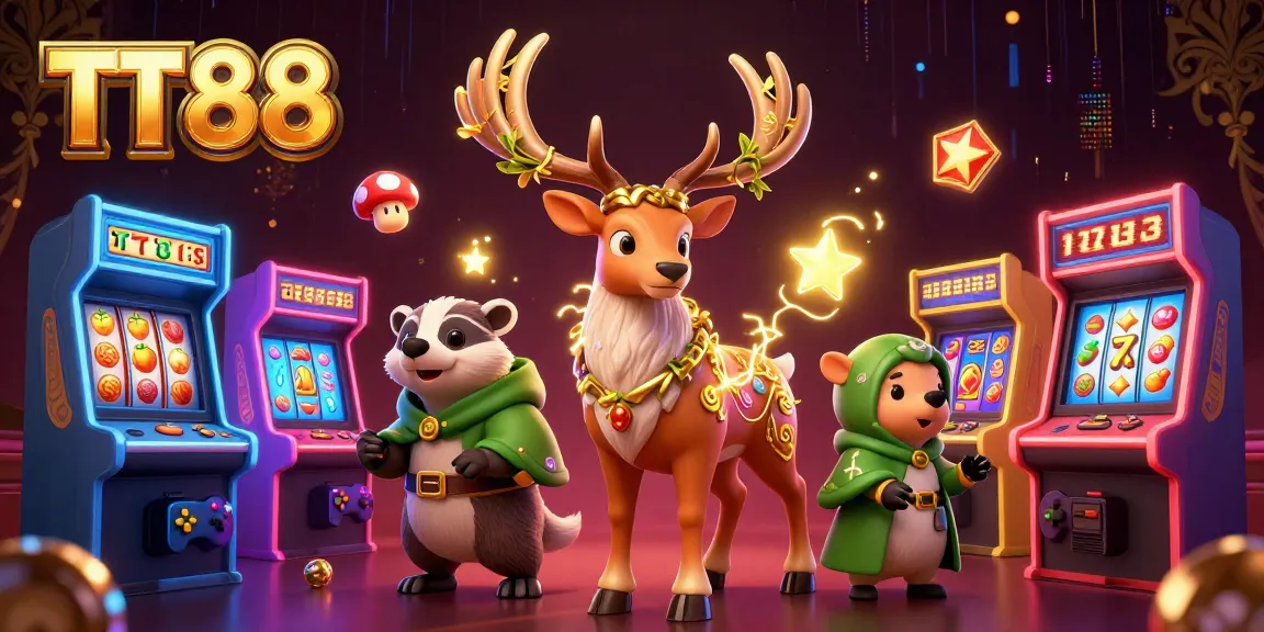 Play slots and win big at TT88, featuring a Celtic druid stag and vibrant game elements.