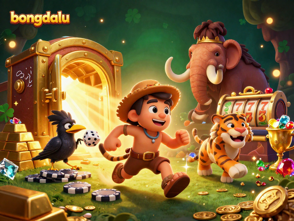 Engaging prehistoric casino scene with bongdalu, featuring playful caveman, tiger, and clever crow amidst vibrant game elements.