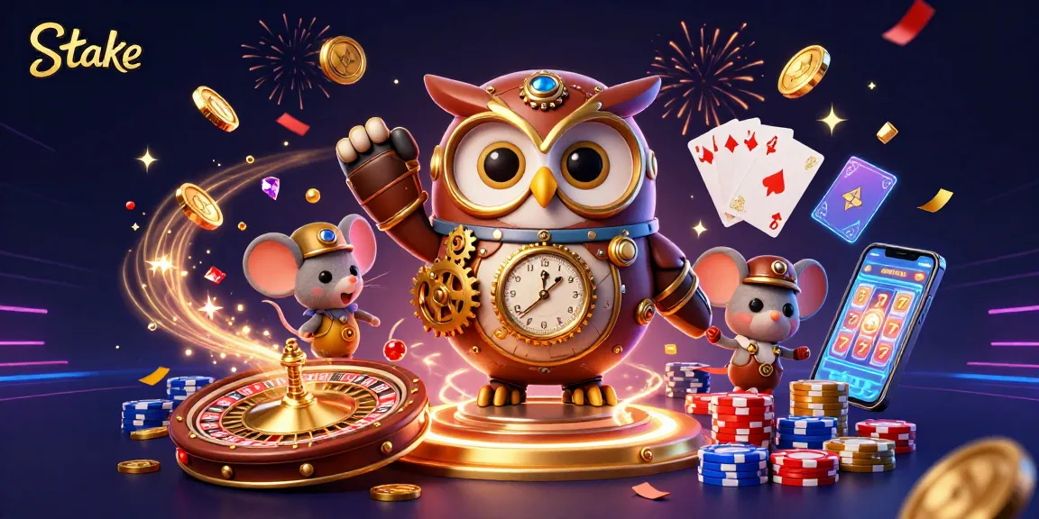 Experience the thrill of Stake with a 3D time-traveler owl and casino excitement!