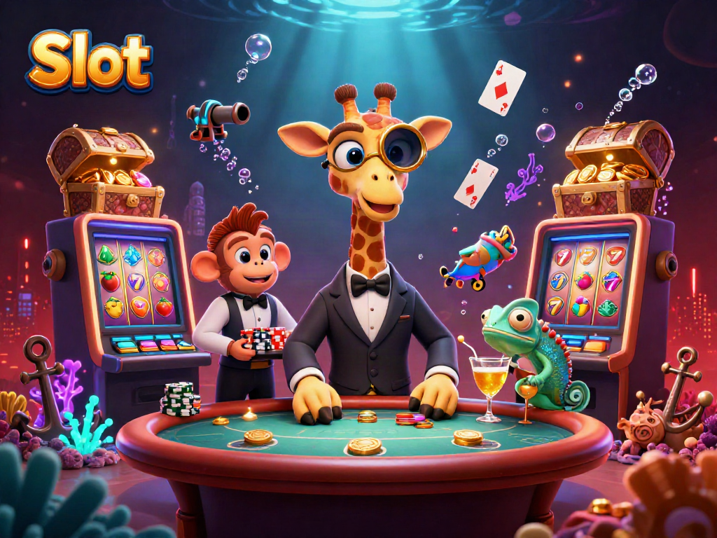 Slot yang diputar oleh pengunjung kasino dengan simbol keberuntungan dan karakter ceria dalam suasana menyenangkan.