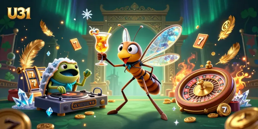 Experience exciting U31 gaming action with unique characters in a vibrant casino illustration.