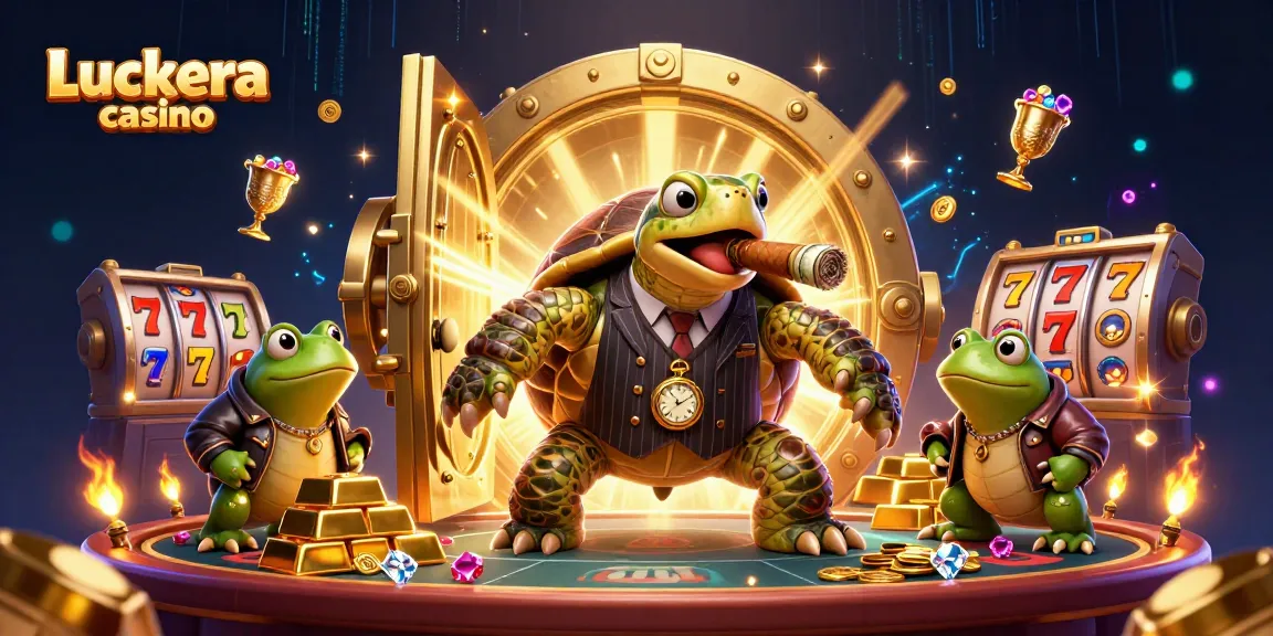 Play thrilling games at Luckera casino, featuring dynamic characters surrounded by gold treasures and vibrant casino elements.