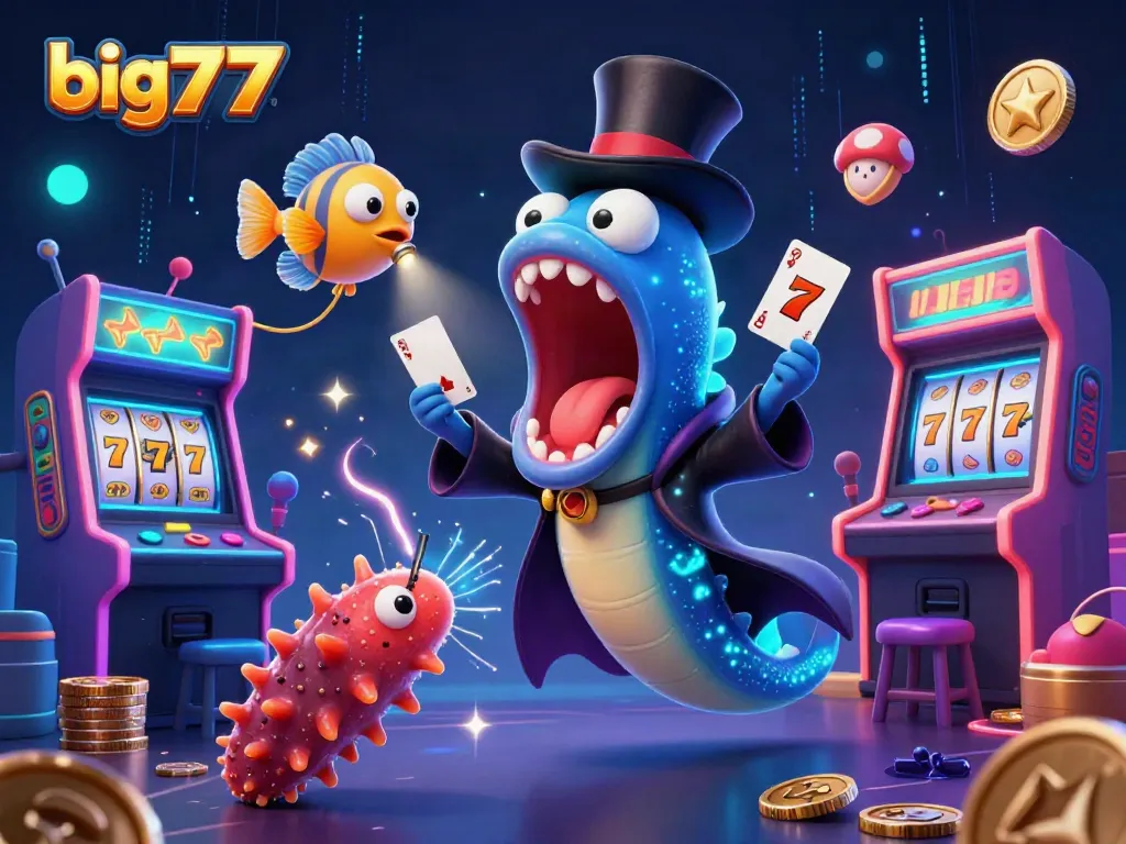 Engage with big777's vibrant casino magic in an energetic 3D digital illustration, showcasing unique characters and colorful games.