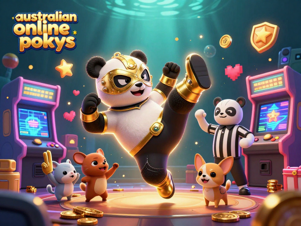 Experience thrilling australian online pokies action with vibrant characters and casino elements in a dynamic scene.