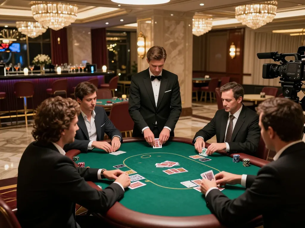 Players engaging in high-stakes poker at a luxury casino with the cm8888 backdrop