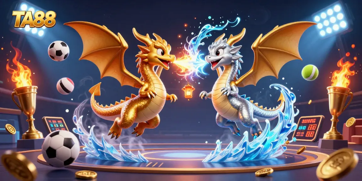 Engaging TA88 casino scene showcasing gold and silver dragons entwined amid sports-themed elements.