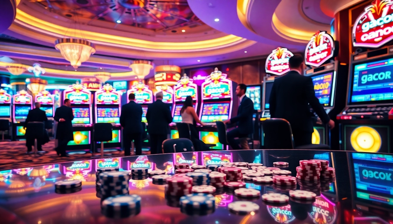 Play exciting slot gacor games in a vibrant casino atmosphere filled with bright slot machines.