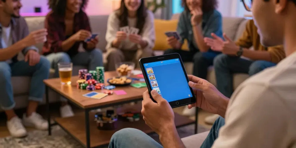Playing Rumble Rummy on a smartphone in a lively living room setting with friends enjoying snacks.