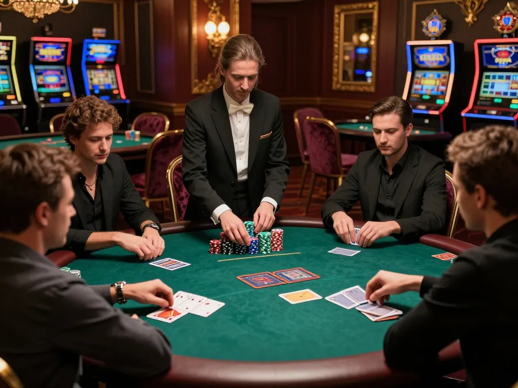 Players strategizing in a high-stakes poker game at 388bet casino, showcasing luxury and tension.