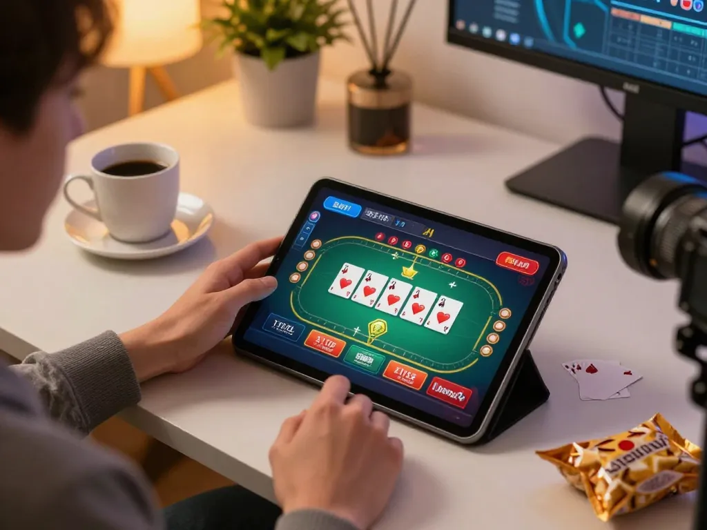 Engaging in online gaming at home with ok365 on tablet, showcasing poker interface.