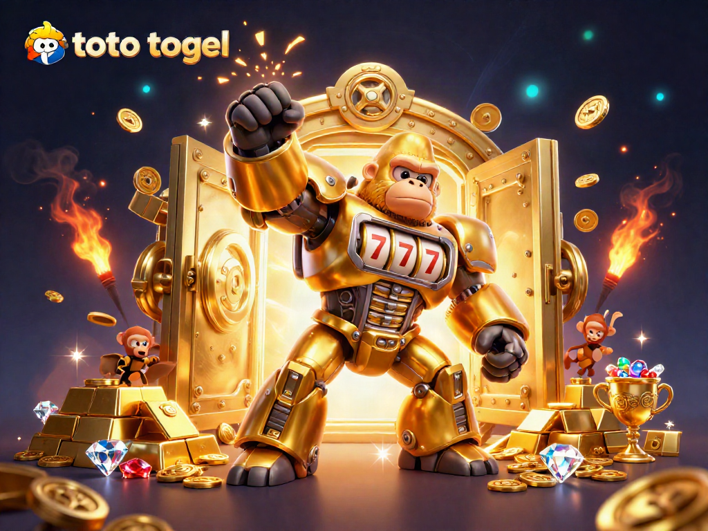 Experience thrilling toto togel excitement with a golden gorilla mech surrounded by treasures.